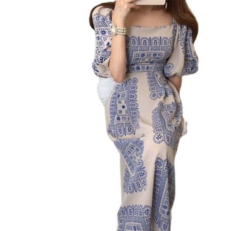 

Fashion Women's Dress Square Neck Show Clavicle Puff Sleeve Vacation Style One-line Sale 210520, Blue