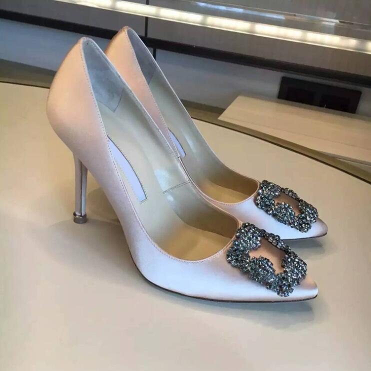 

2022 Women High Heel Shoes 8 10 12cm Spring Pointed Rhinestone Square Buckle Satin