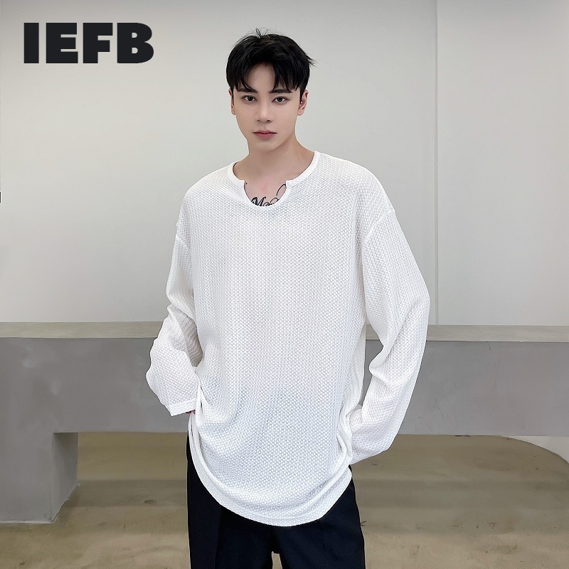 

IEFB Spring And Summer White High-grade Waffle U-neck Niche Design T-shirt For Men Base Long Sleeve Tee Tops 9Y6834 210524, Black