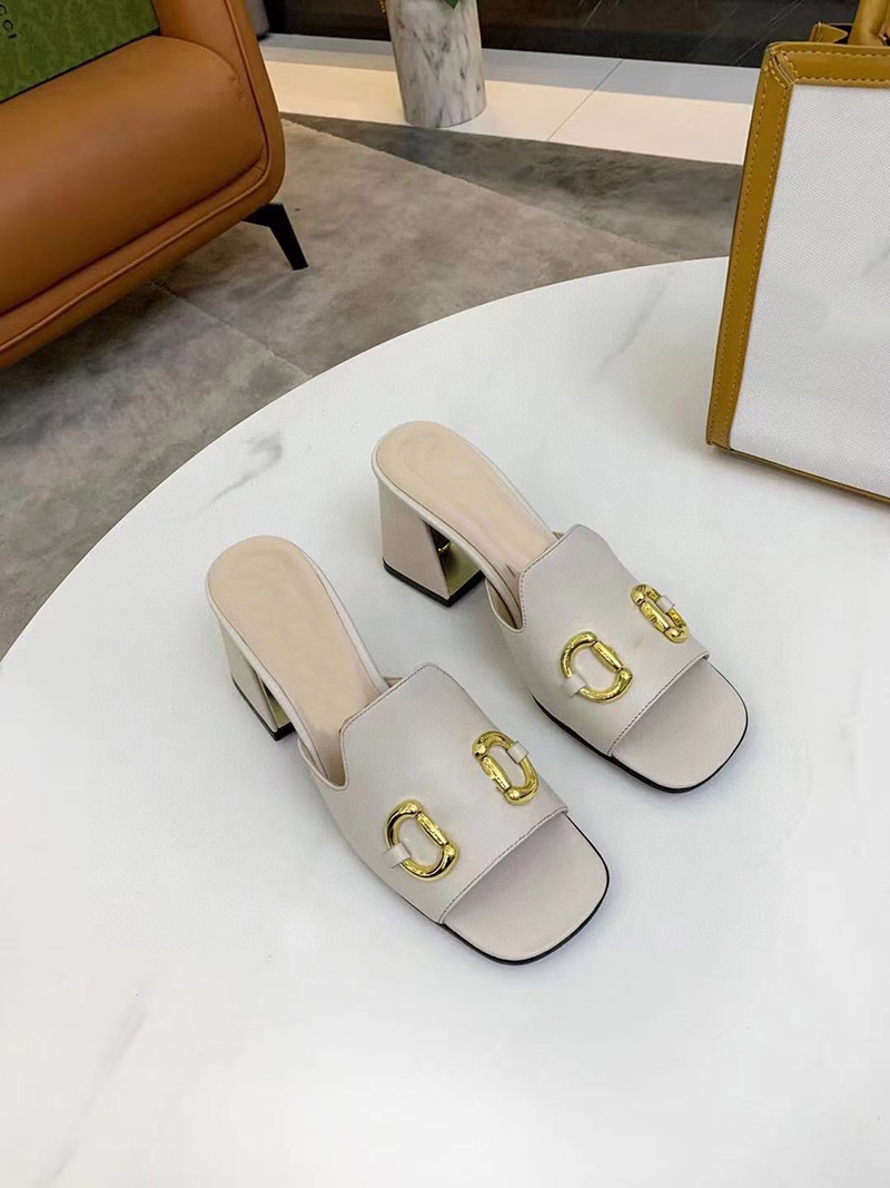 

Original Classic Luxury Designer Womens High block heel slippers 2021 Summer Ladies Fashion Real Leather Thick sandals, Black