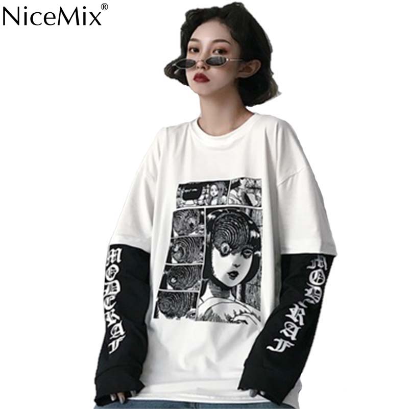 

NiceMix Harajuku T-shirt Women Fake 2 Pieces Print Japanese Fujiang Horror Comics Long Sleeve Shirt Women Vetement Femme 2021, 21551