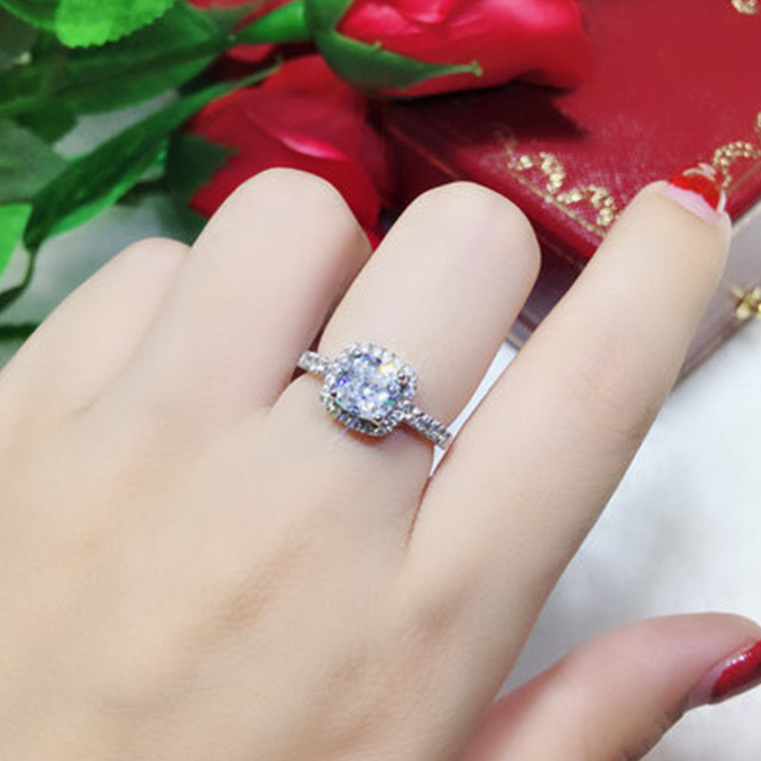 

18K White Gold Plated 2CT Zircon Diamond Rings for Women Sterling Silver Jewelry Halo Cushion Ring Anniversary Gift Wife