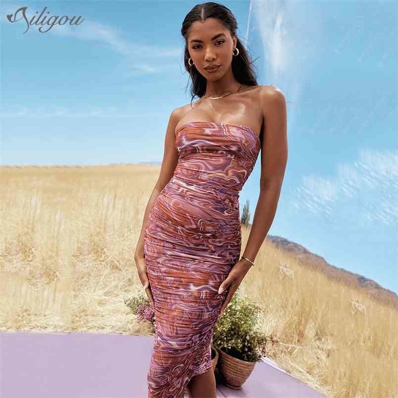 

Summer Women'S Print Sexy Tight-Fitting Draped Curb Shoulder Dress Halter Sleeveless Female Long Elegant Club 210525, Brown