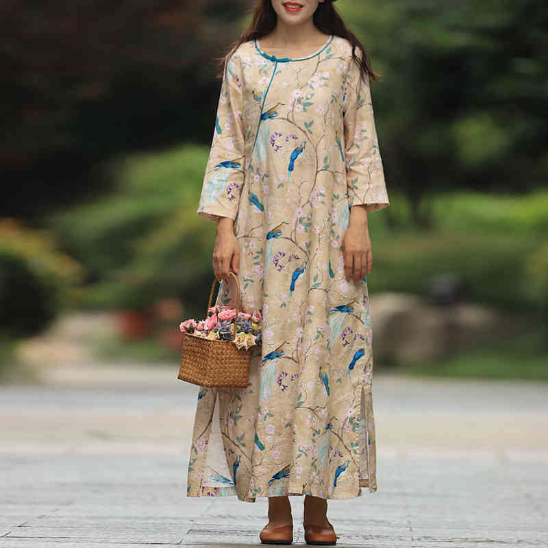 

Johnature Women Vintage Ramie Dresses O-Neck Seven Sleeve Chinese Style Robes Button Spring Loose Female Clothes Dress 210521, Apricot