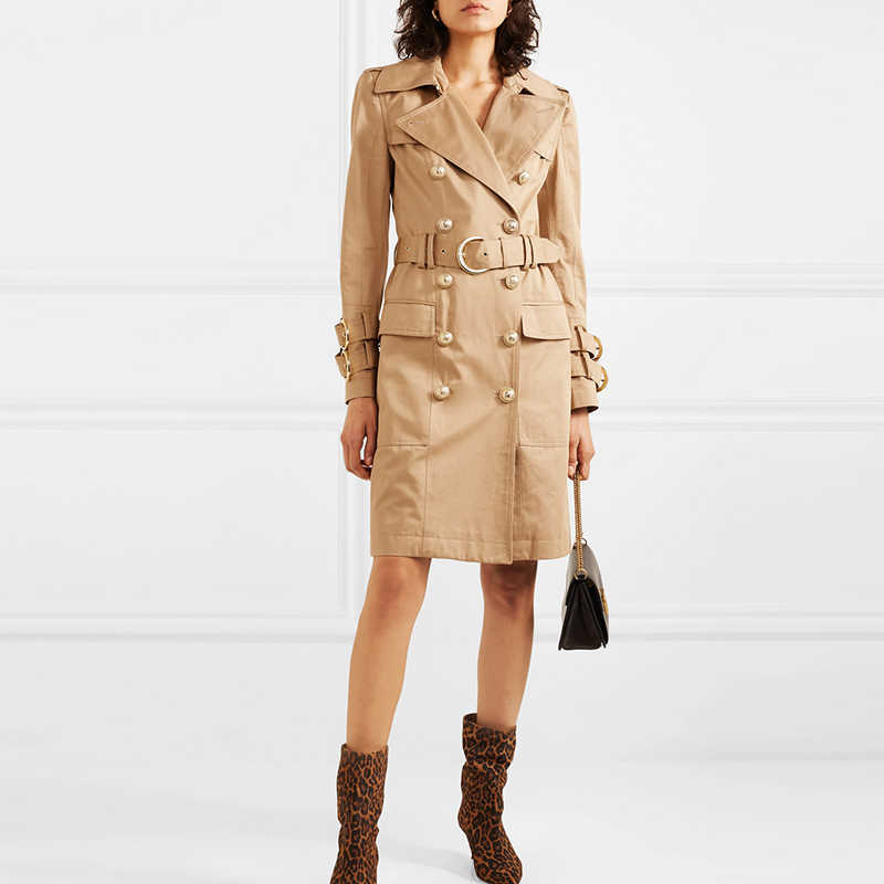 

HIGH QUALITY est Fall Winter Designer Trench Coat Women's Metal Lion Buttons Double Breasted Slim Overcot 210526, Black