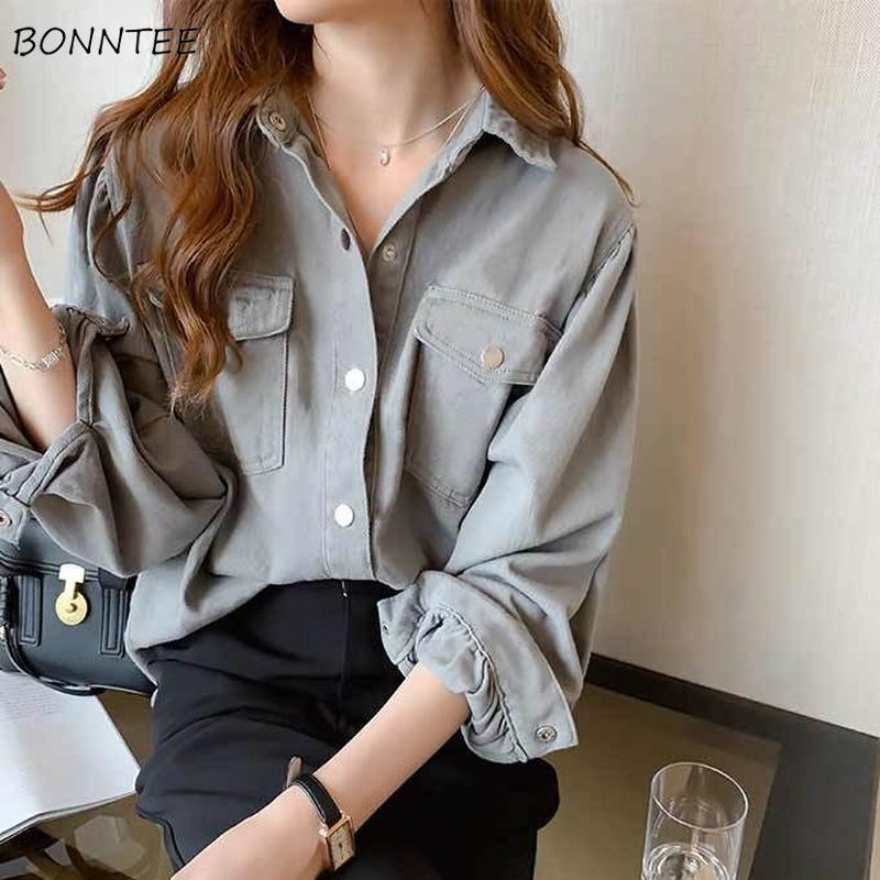 

Women's Blouses & Shirts Women All-match Leisure Long Sleeve Solid Ins Turn-down Collar Simple Loose BF Tender Aesthetic Netural Clothing, White
