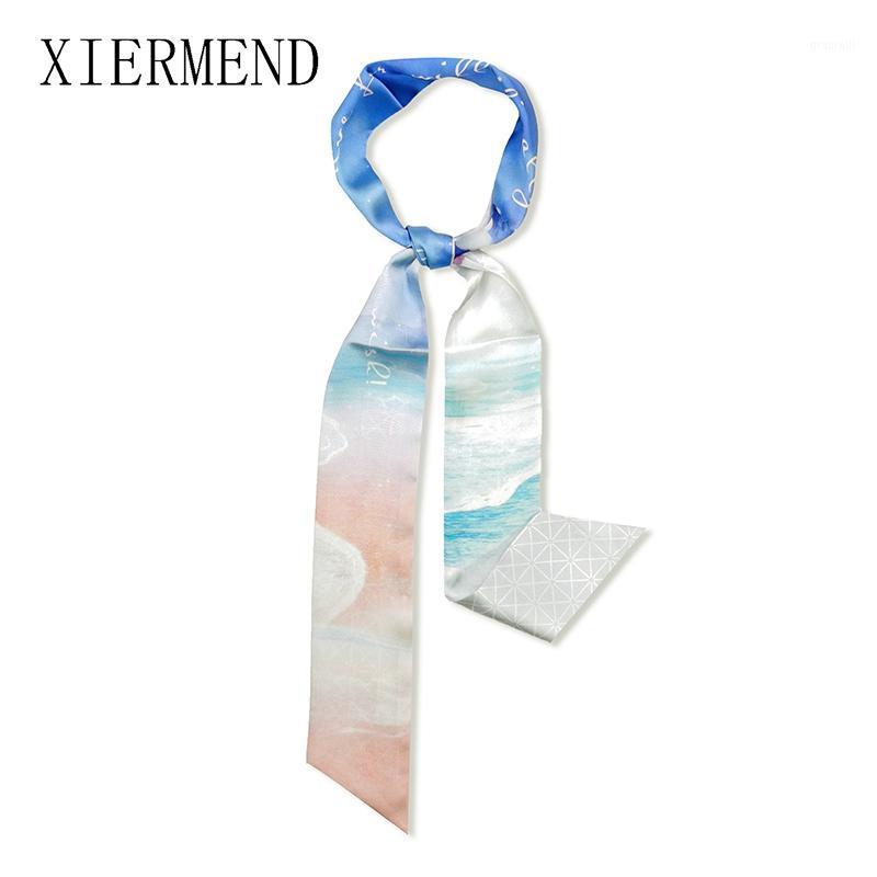 

Multi-functional Small Printed Silk Women Tied Scarf Double-sided Bag Handle Skinny Scarves, Blue;gray