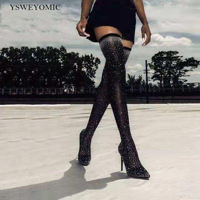 

Boots 2021 Style Bling Crystal Boot Over The Knee Slim Fit Long Glittering Thin High Heel Thigh Party Shoes, Black