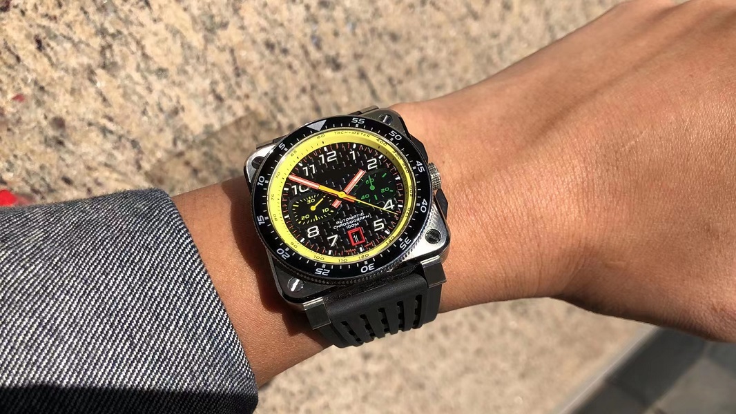 

42MM sapphire crystal men watch wristwatch chronograph chrono sport race racing automatic 7750 movement casual mens watches waterproof rubber strap br03-94 03-94, Black