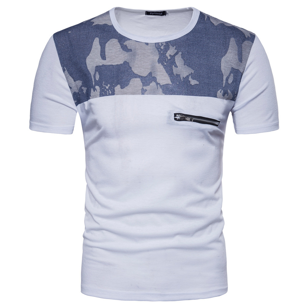 

Men's T-Shirts Spring and Summer European American Short-sleeved, Camouflage Stitching Decorative Pullover T-shirt 81 O13H, White