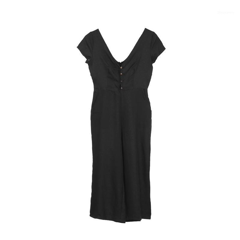 

Women's Jumpsuits & Rompers Women 4Solid Colors Romper V-Neck Short Sleeve Plus Size XL Loose Female Long Button Clothes, As the picture shows