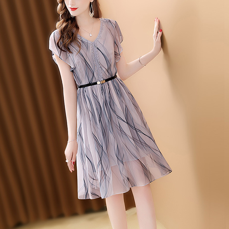 

Women Holiday Beach Short Dress Chiffon Gradient Color Fashion Slim High Waist Sleeve Sashes Summer Mini Dresses 210518, Gray