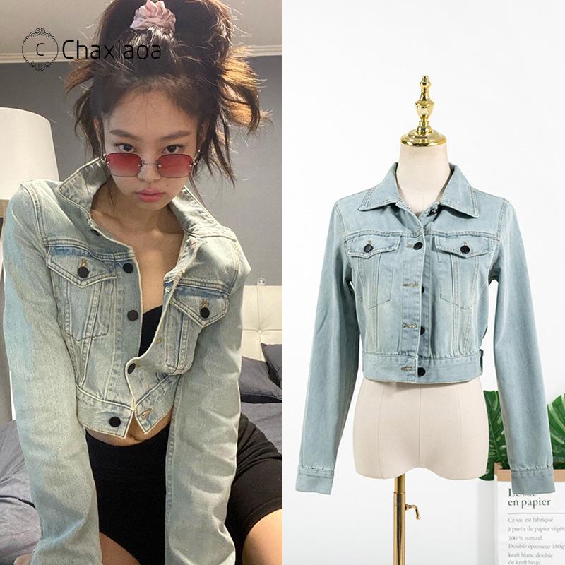 

Women' Jackets CHAXIAOA Fashion Washed Distressed Retro Light-colored Denim Jacket Light Blue Blouse Women Coats Clothing X574, Jeans coat