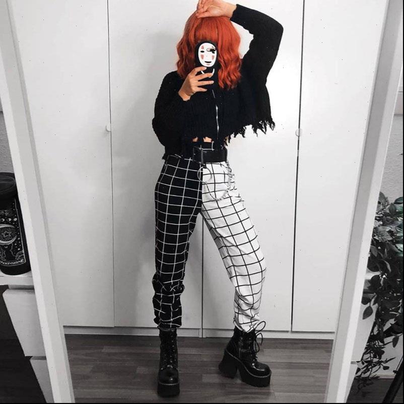 

checked plaid jogger elastic women capri high waist patchwork check trousers streetwear fashion ladies bottoms, Black;white