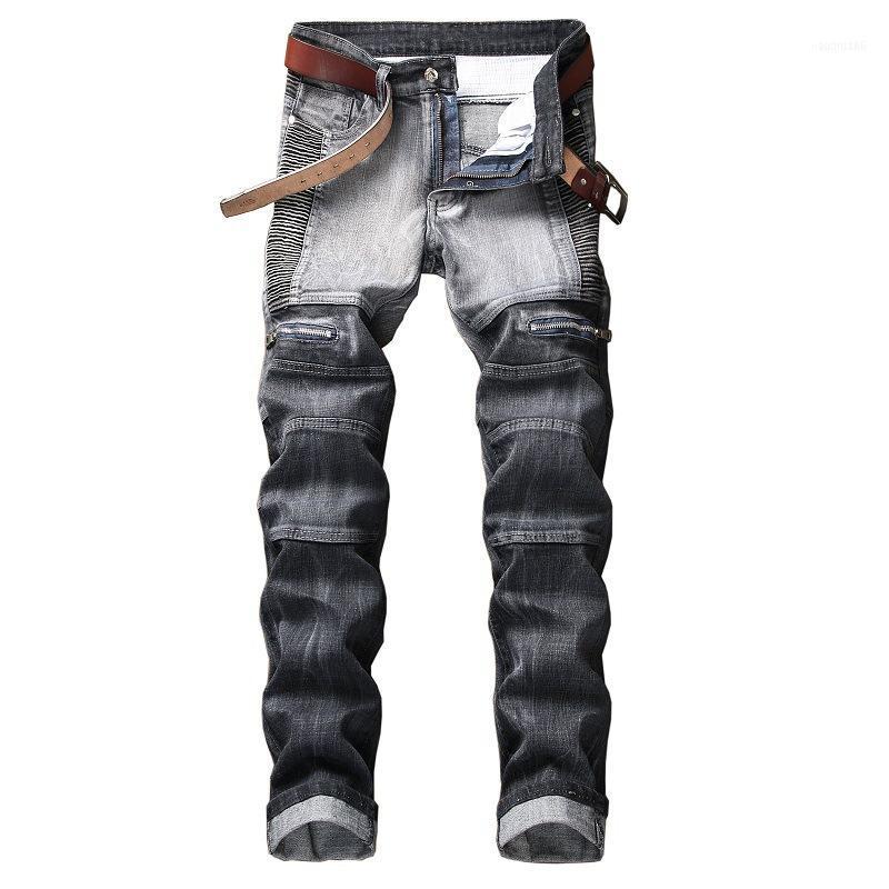 

Men's Jeans S Street Fashion Men Stylish Patchwork Color Pleated High Quality Long Denim Pants Personality Knee ZipperDesign1, Blue