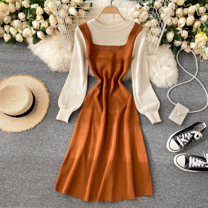 

SINGREINY Fake Two-piece Knitted Dress Women Design Puff Sleeve O Neck A-line Dress Autumn Winter Korean A-line Sweater Dresses 210419, Orange red