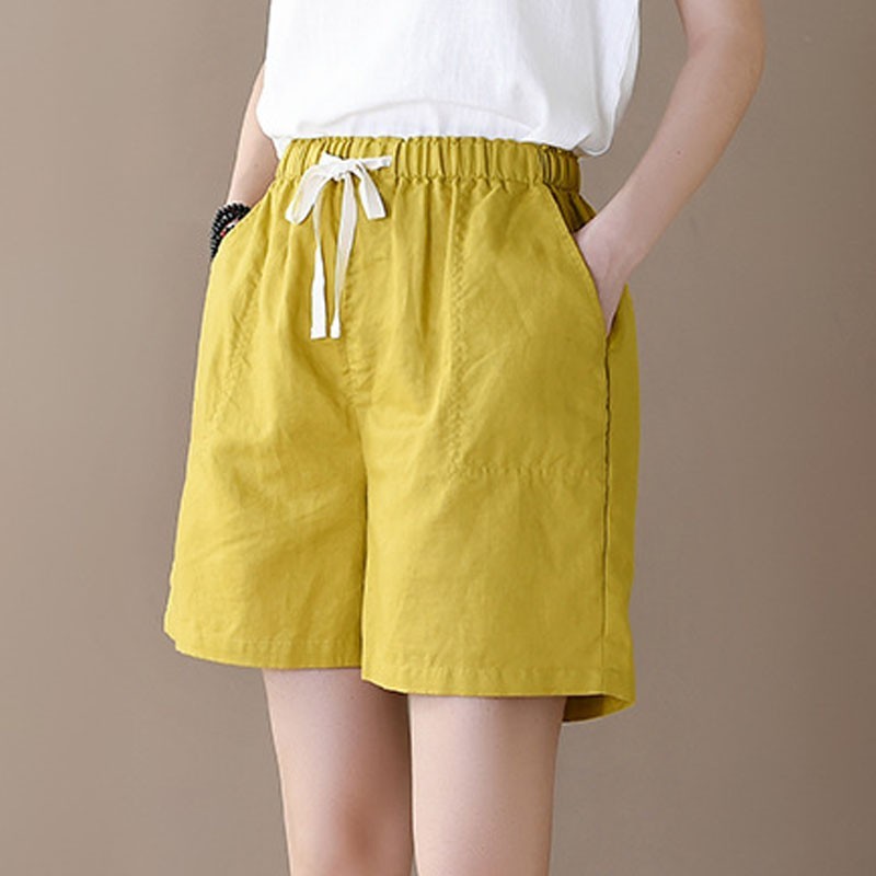 

Johnature Summer Solid Color Cotton Linen Pockets Elastic Waist Drawstring Shorts Loose Leisure All-match Women Shorts 210521, Yellow