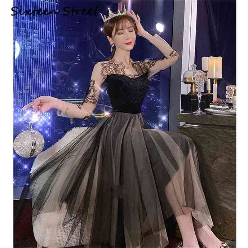 

Chic Fashion Party dresses Female Lace embroidery mesh patchwork elegant dress woman spring summer bodycon 210603, Black