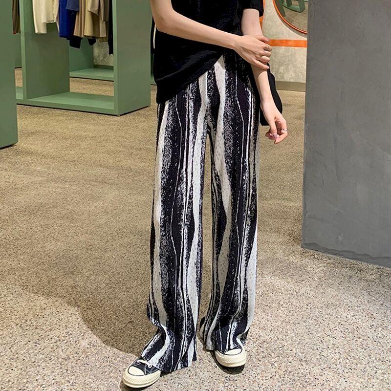 

Autumn Tie-dye Pleated Casual Pants Women's High Waist Straight Wide Leg Loose And Thin Mopping Trousers & Capris, Black;white