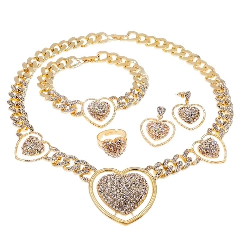 

Earrings & Necklace Design High Quality Gold Plated Rhinestone Heart Shaped Cuban Chain Bracelet Jewelry Set, Silver