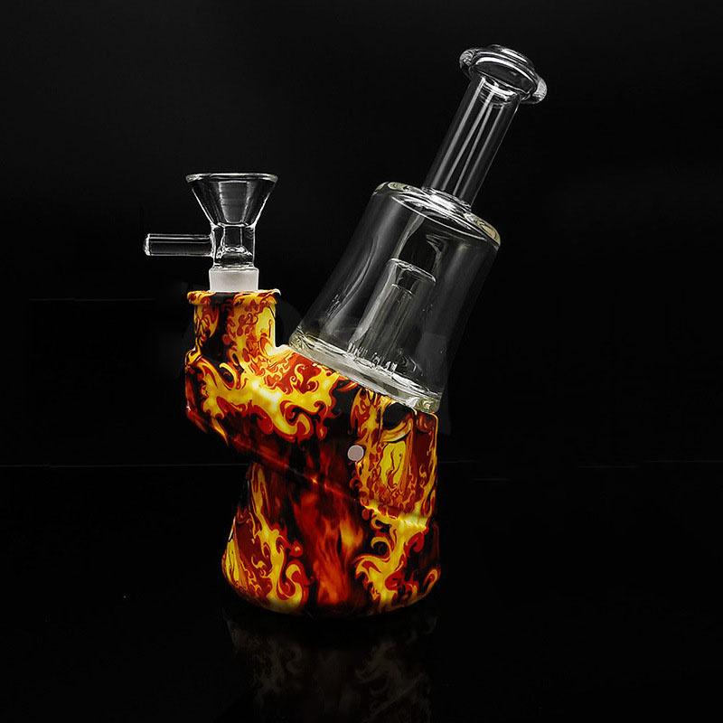 Silicone Bong 6.5 Inch Glass Bong hookah Beaker Base Water Pipes cartoon printing 14mm female unbreakable bongs with Glass Bowl and oil burn-image-742272620