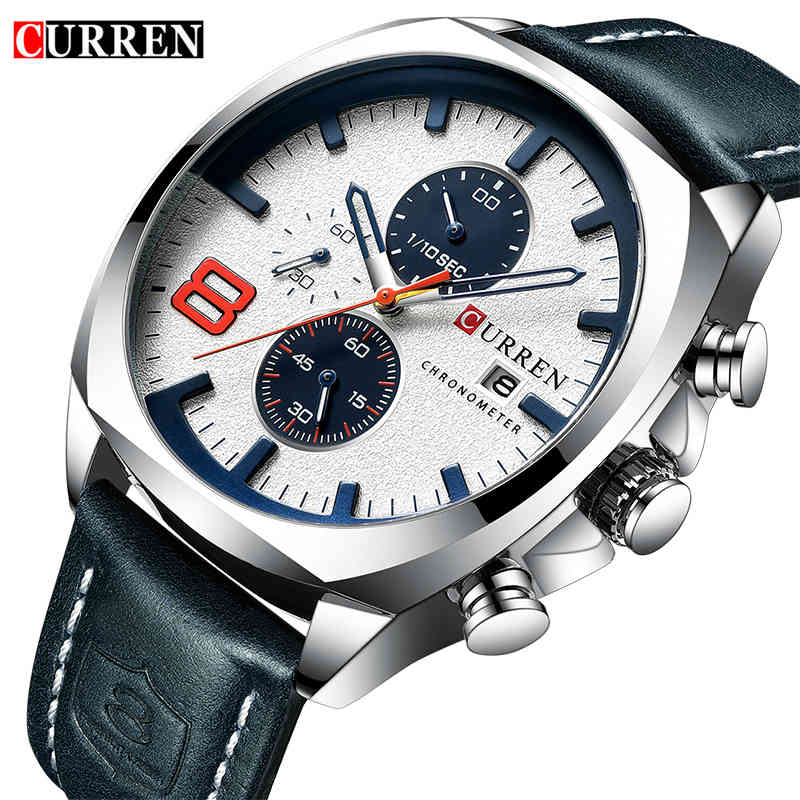 

CURREN Top Brand Men's Military Sport Watch Men Leather Chronograph Quartz Wristwatch Calendar Male Clock Relogio Masculino 210517, Silver black