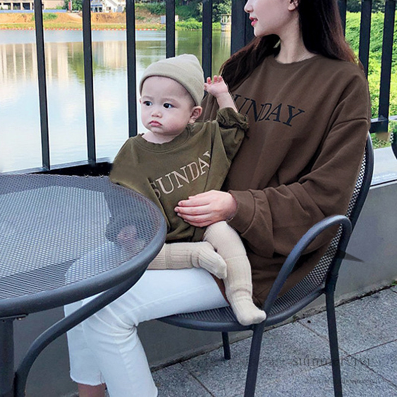 

Family matching outfits kids letter printed sweatshirt girls boys round collar long sleeve pullover mommy and me tops clothing Q3034, Brown