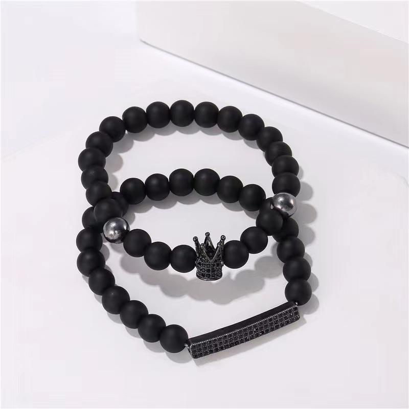 

Beaded, Strands 2PC/S Fashion 8MM Black Froosted Beaded Men's Bracelet Zircon Crown Long Elastic Bracelets For Men Charm Male Jewelery