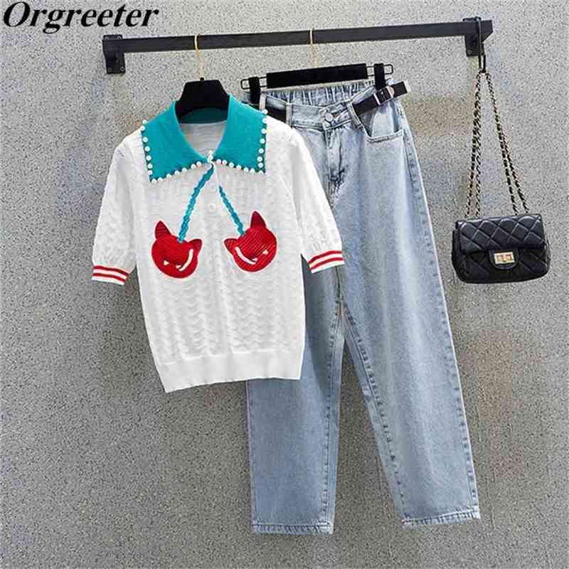 

High quality Cherry Embroidery Pearl Deco Knitted Pullover Tops Women Two piece Elastic waist Denim Calf-length Pants Suit Femal 210602, Only knitted tops