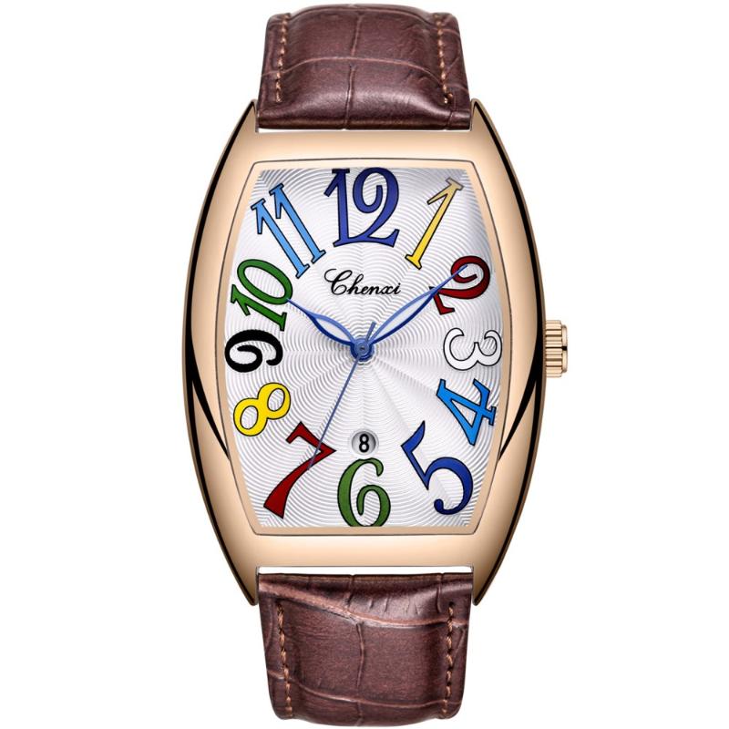 

Wristwatches Men's Watch Top Luxury CHENXI Brand Tonneau Quartz Leather Waterproof Watches Business Fashion Date Male Clock Relogio Masculin, Silver white