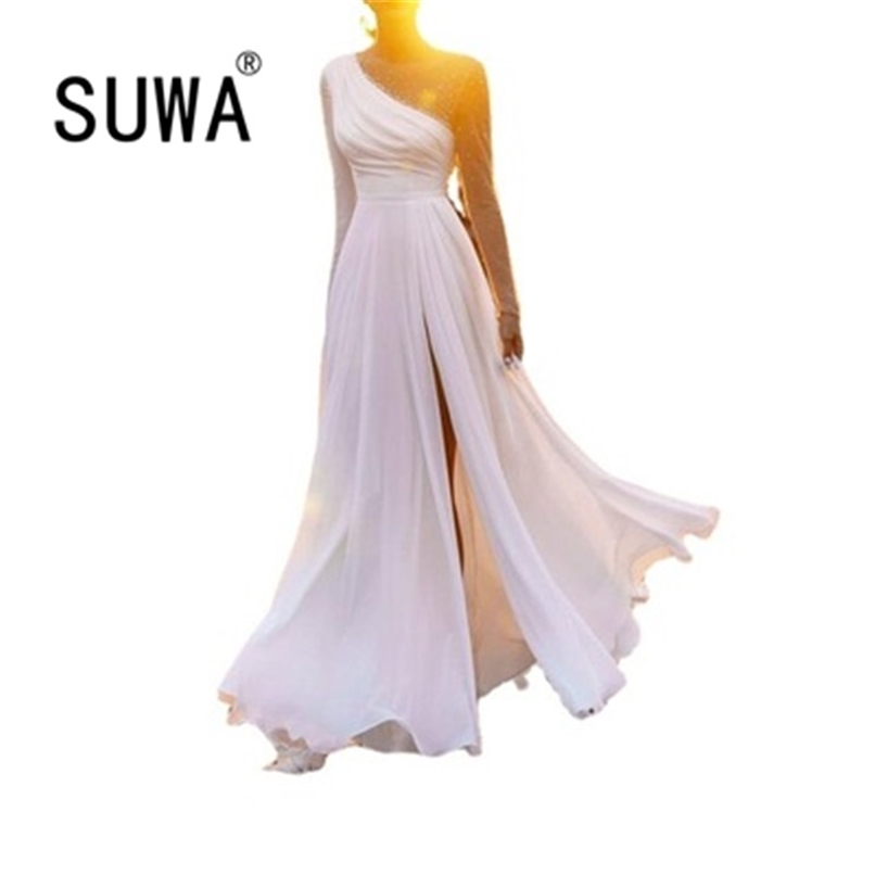 

Women Celebrity Fashion All White One Shoulder Long Sleeve Elegant Midi Dresses Free Ladies Dress Gowns 210525