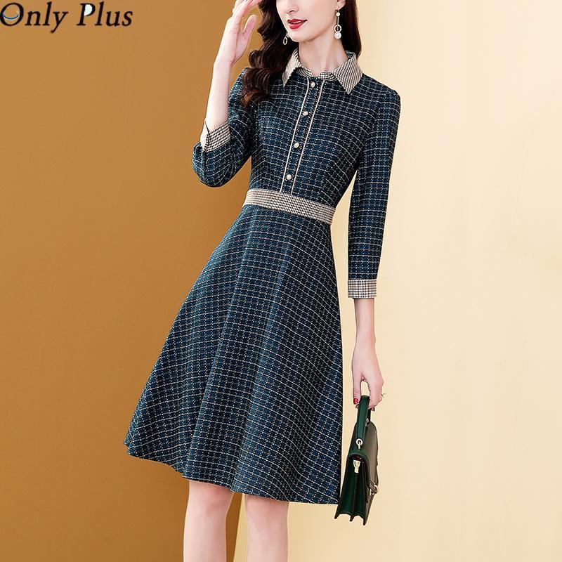 

Casual Dresses Only Plus Women' Autumn 2021 Temperament Plaid Dress A-line Turn-down Collar England Style British Skirt Vestidos, Green