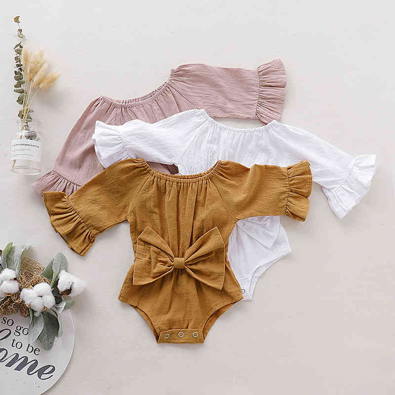 

Kids Clothes Girls Boys Solid Romper Newborn Infant Bow Bell Sleeve Jumpsuits Spring Autumn Baby Climbing Clothes, Pink
