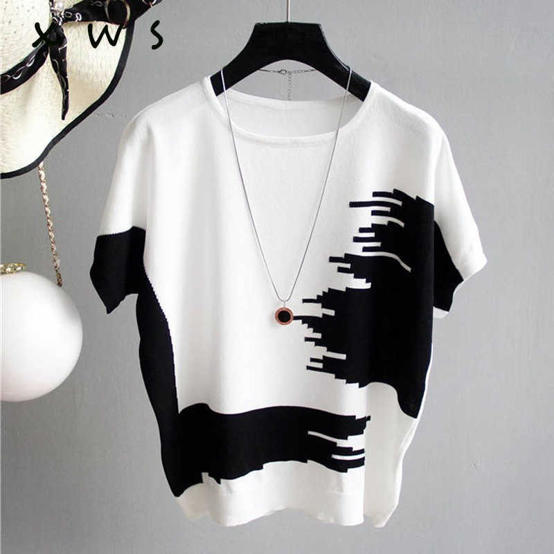 

Summer Women Sweater Pullover thin Rib Knitted Tops patchwork o Neck Essential Jumper short Sleeve Sweaters jersey mujer 210604, White