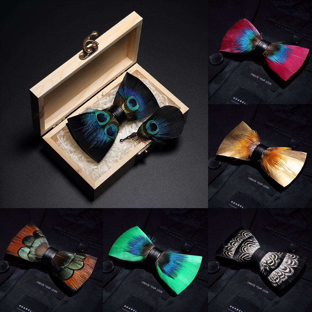 

Original Italy New Design Bowtie Natural Brid Feather Exquisite Hand Made Men Bow Tie Brooch Pin Wooden Gift Box Set