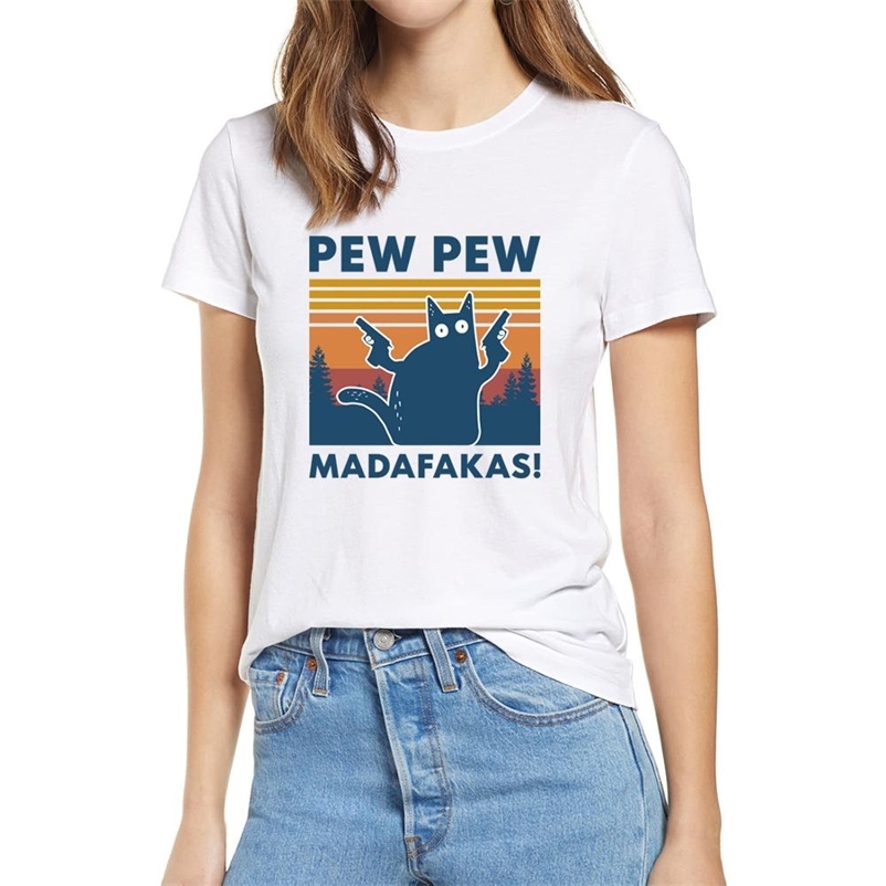 

Black Cat Pew Madafakas Funny Cat Gangster With Gun Meme Retro Women's 100% cotton short sleeves T-Shirt Humor Gift Tops tee 210401, Navy blue