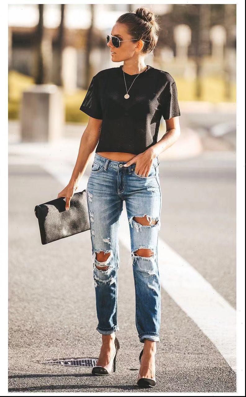 

womens jeans fashion ripped women slim high waist cotton summer autumn casual streetwear denim pencil long pants skinny, Blue