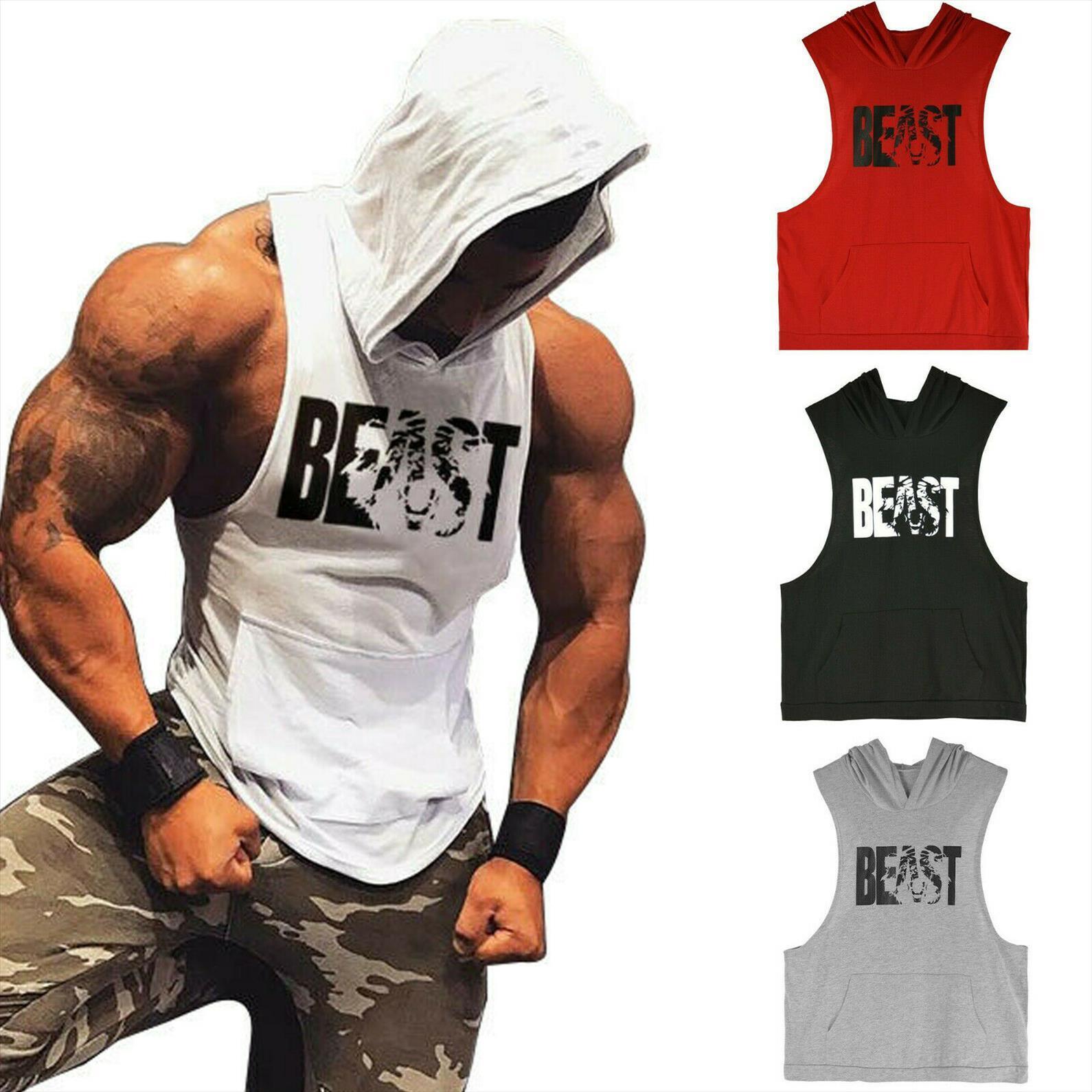 

Mens Beast Printing Fitness Hooded Vest Bodybuilding Gyms Sleeveless Hoodies Tank Tops Workout Clothes Athletic Top, Skull yellow