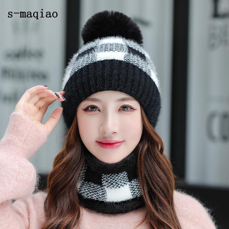

Beanies Women's Hats Fashion Plaid Knitted Hat Scarf 2Pcs Set Neck Warm Winter For Women Girls Thick Skullies Cap