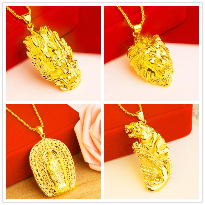 

Pendant Necklaces African Pure 24K Gold For Women Lion Dragon Tiger Necklace Wedding Bridal Jewelry Accessories Choker Gifts
