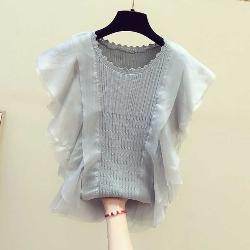 

Summer Shirts Korean Style Chiffon Ruffles Stitching Knit T-shirts and Tops Female Round Neck Slim Women Clothing 210615, Black