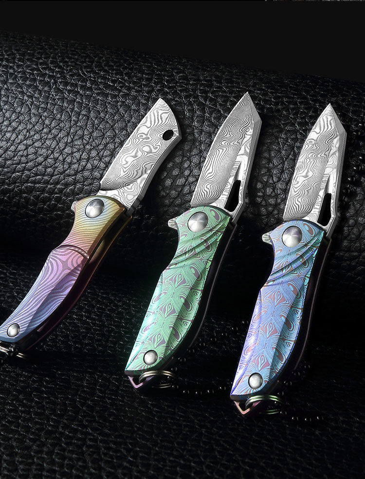 

high quality mini tc4 colorful titanium handle knives damascus blade folding knife