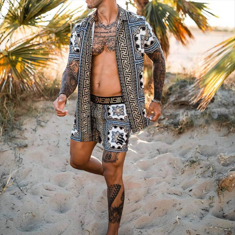 

hawaiian printing set mens tracksuits short sleeve summer casual floral shirt beach shorts quick dry two piece suit fashion men, Gray