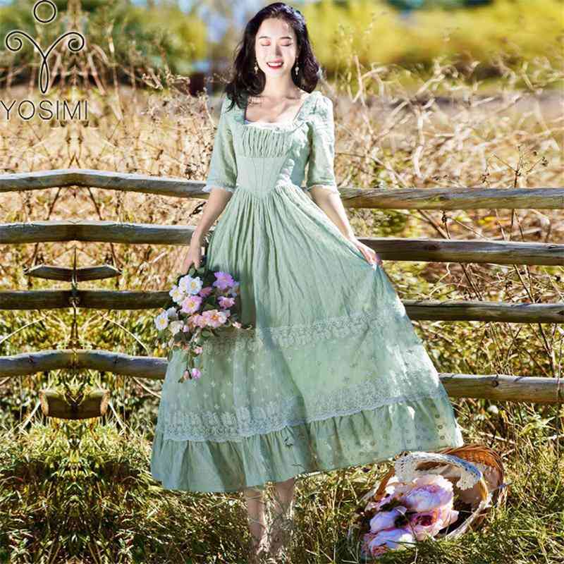 

YOSIMI Summer Vintage Cotton and Lace Long Women Dress Tunic Prairie Chic Style Green Mid-calf Evening Party 210604, Blue
