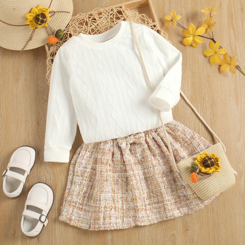 

Clothing Sets 2Pcs Winter Fall Children Baby Girl Outfits Solid Color Long Sleeve Pullover Tops Plaid A-line Skirt Girls Clothes Set, Beige