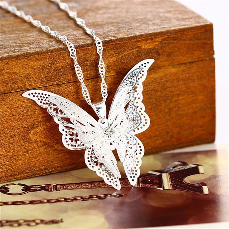 

Chains Elegant Women Hollow Out Butterfly Pendant Necklace Silver Color Long Chain Necklaces Fashion Jewelry Gift