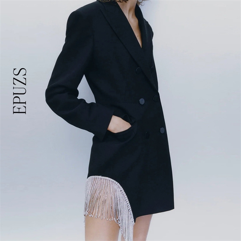 

ZA Women Double-breasted Blazers Coat Vintage Long Sleeves Female Black Slim Tassel Drill Decoration Chic Outerwear 210521