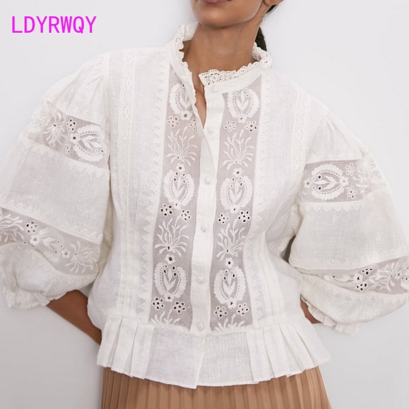 

[LDYRWQY] autumn stripe stitching lace cropped sleeve shirt Casual Regular Mandarin Collar Solid 210603, Creamy-white
