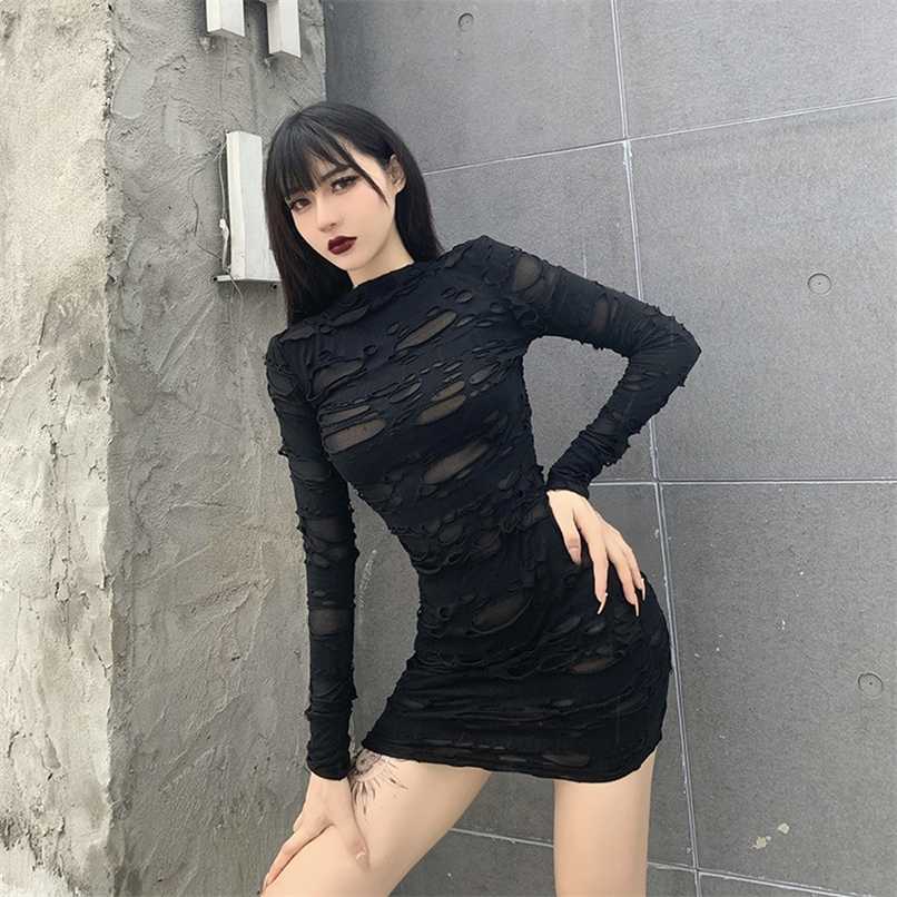 

Helisopus Gothic Black Mini Dress Streetwear Rock Punk Hollow Retro High Waist Long Sleeve Bodycon Party Dresses 211110