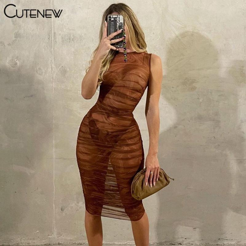 

Casual Dresses Cute Sexy Mesh See Through Sleeveless Ruched Bodycon Midi Dress Women Summer Chic Party Clubwear Skinny Stretch Lady, Black;gray